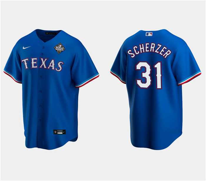 Men%27s Texas Rangers #31 Max Scherzer Royal 2023 World Series Stitched Baseball Jersey Dzhi